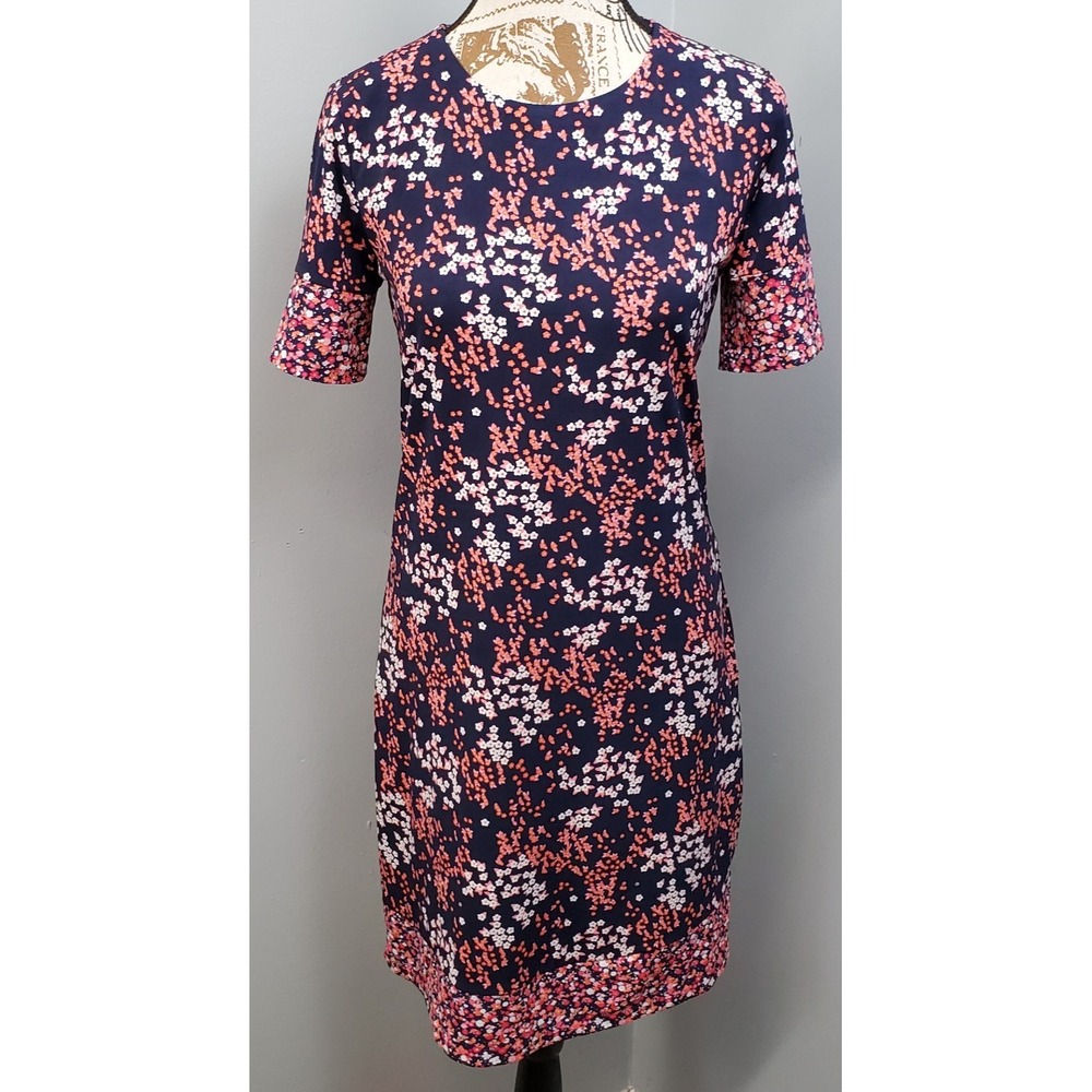 Michael Kors Midi Dress Womens Small Multi Floral Short Sleeve Crewneck Back Zip